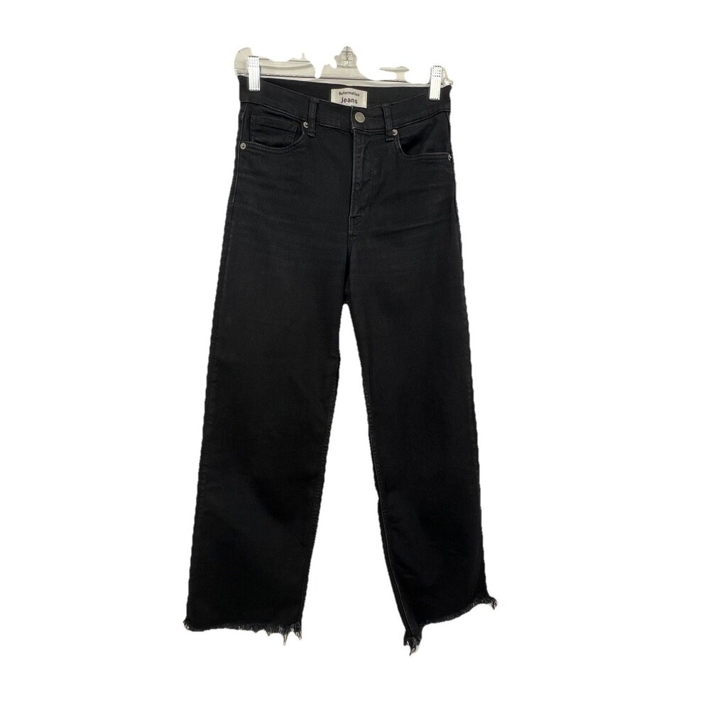Reformation Emma High Rise Wide Leg Jeans Size 26 Ankle Frayed Hem Black Stretch